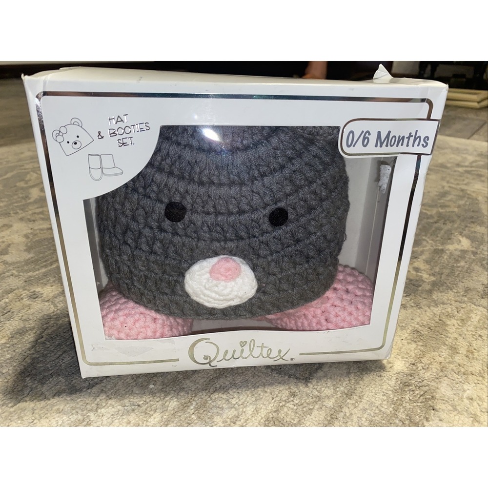 New Quiltex Baby Hat‎ Bootie Set 0-6 Months Bear Gray Pink White 0-6 M
